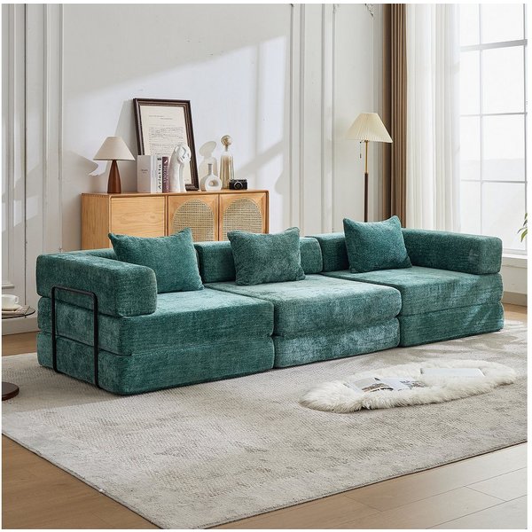 Vankel 3-Sitzer Sofas Wohnzimmer, 3-Sitzer Sofa mit Schlaffunktion Chenille, Modulares Schlafsofa, faltbar, komfortabel und ohne Montage