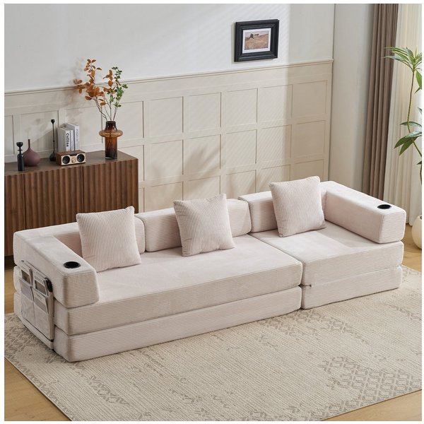 Vankel 3-Sitzer Sofas Wohnzimmer, 3-Sitzer Schlafsofa aus Cord mit Cupholder, Faltbares Sofa mit Seitentaschen, Liegefunktion und ohne Montage