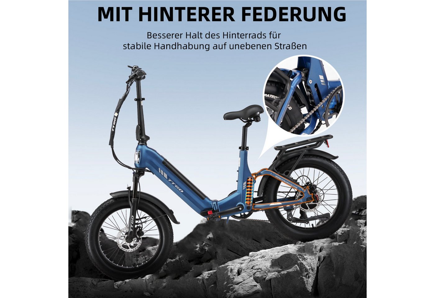 Vankel E-Bike Klapprad 20 Zoll, Fully Klapprad Fatbike, max. 150km, 150kg belastbar, 7 Gang SHIMANO, Kettenschaltung, Heckmotor, 720 Wh, (Softtail, separates Br – Bild 2 von 5