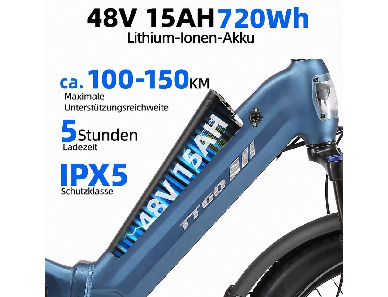 Vankel E-Bike Klapprad 20 Zoll, Fully Klapprad Fatbike, max. 150km, 150kg belastbar, 7 Gang SHIMANO, Kettenschaltung, Heckmotor, 720 Wh, (Softtail, separates Br – Bild 5 von 5