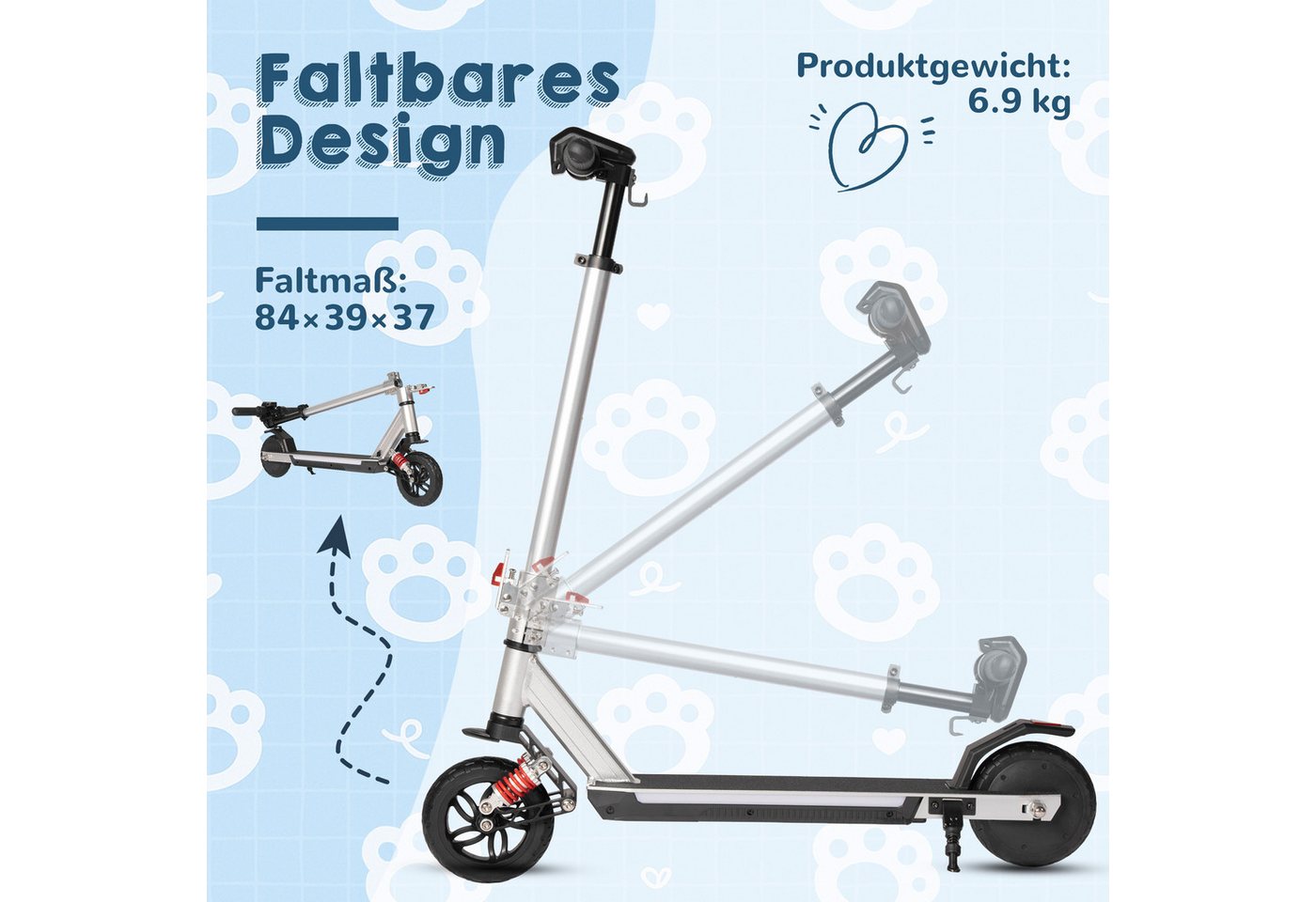 Vankel Elektro-Kinderroller E Scooter für Kinder, ab 10 Jahren, 15km, Federung, klappbar, Belastbarkeit 50 kg, 14km/h, Cityroller, EBS+Fußbremse, höhenverstellb – Bild 5 von 5