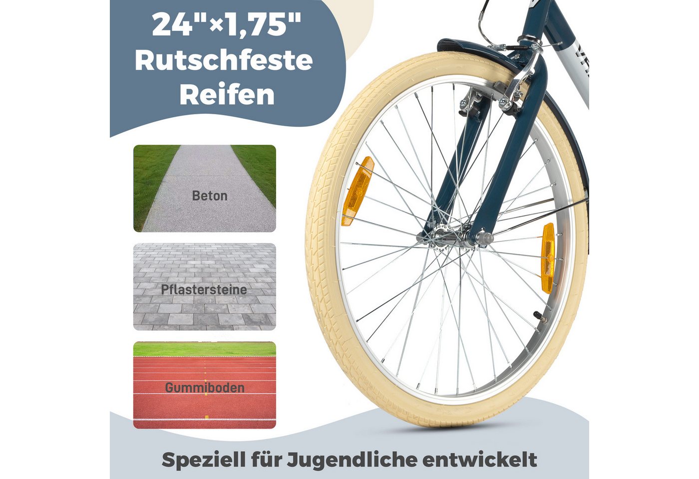Vankel Kinderfahrrad 24 Zoll, Rücktrittbremse, tiefer Einstieg, Blau, 1 Gang, Ab 8 Jahren, 130-155 cm, Schutzbleche, Reflektoren – Bild 5 von 5