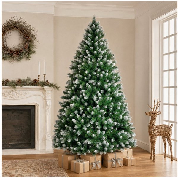 Vankel Künstlicher Weihnachtsbaum grüner Tannenbaum mit weißen Spitzen, Schnee-Optik und Metallständer, Grüner Tannenbaum mit dezenten Schneeakzenten und einem 