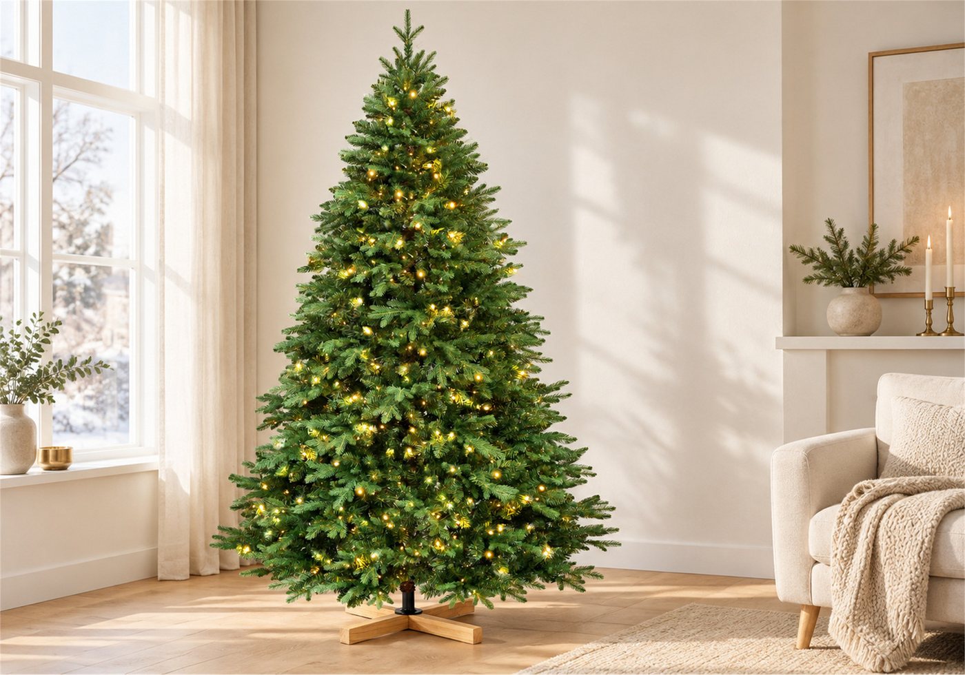 Vankel Künstlicher Weihnachtsbaum mit Licht und Holzständer, grüner Tannenbaum, formbare Zweige, Naturgetreue Zweige und warme Lichtakzente für Ihr Weihnachtsfe – Bild 2 von 5
