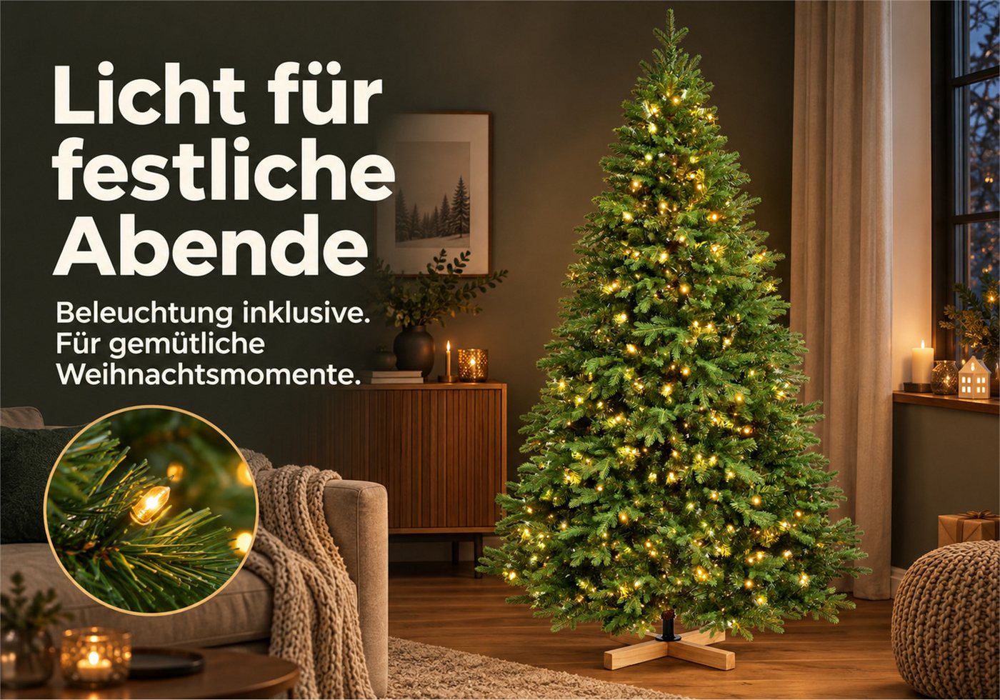 Vankel Künstlicher Weihnachtsbaum mit Licht und Holzständer, grüner Tannenbaum, formbare Zweige, Naturgetreue Zweige und warme Lichtakzente für Ihr Weihnachtsfe – Bild 4 von 5