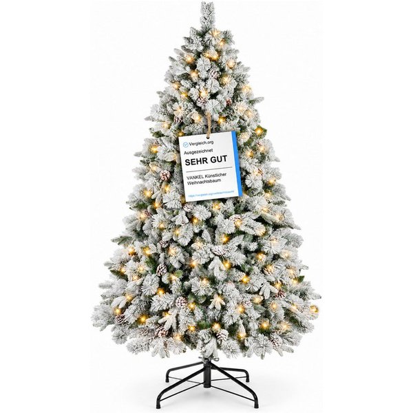 Vankel Künstlicher Weihnachtsbaum mit Schnee, Beleuchtung und Zapfen, Tannenbaum mit Metallständer, grün, Beschneiter Tannenbaum mit Zapfen, warmem Licht und Me