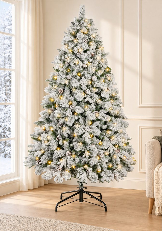 Vankel Künstlicher Weihnachtsbaum mit Schnee, Beleuchtung und Zapfen, Tannenbaum mit Metallständer, grün, Beschneiter Tannenbaum mit Zapfen, warmem Licht und Me – Bild 2 von 5