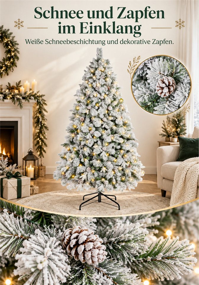 Vankel Künstlicher Weihnachtsbaum mit Schnee, Beleuchtung und Zapfen, Tannenbaum mit Metallständer, grün, Beschneiter Tannenbaum mit Zapfen, warmem Licht und Me – Bild 3 von 5