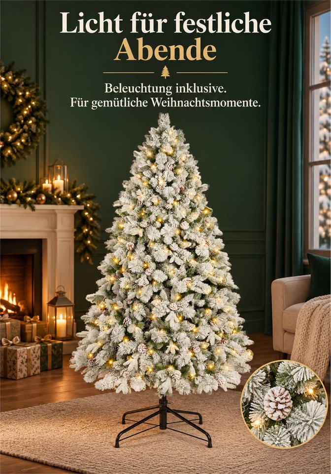 Vankel Künstlicher Weihnachtsbaum mit Schnee, Beleuchtung und Zapfen, Tannenbaum mit Metallständer, grün, Beschneiter Tannenbaum mit Zapfen, warmem Licht und Me – Bild 4 von 5