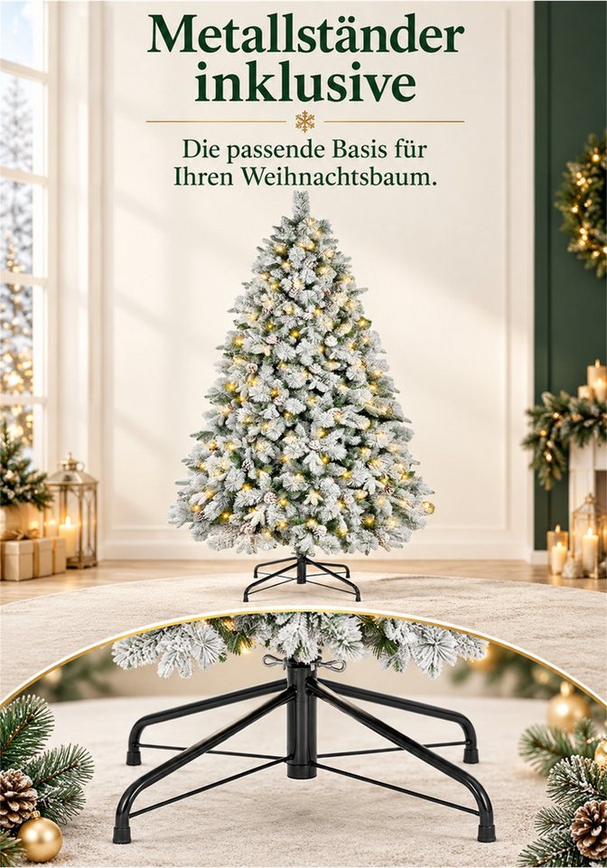Vankel Künstlicher Weihnachtsbaum mit Schnee, Beleuchtung und Zapfen, Tannenbaum mit Metallständer, grün, Beschneiter Tannenbaum mit Zapfen, warmem Licht und Me – Bild 5 von 5