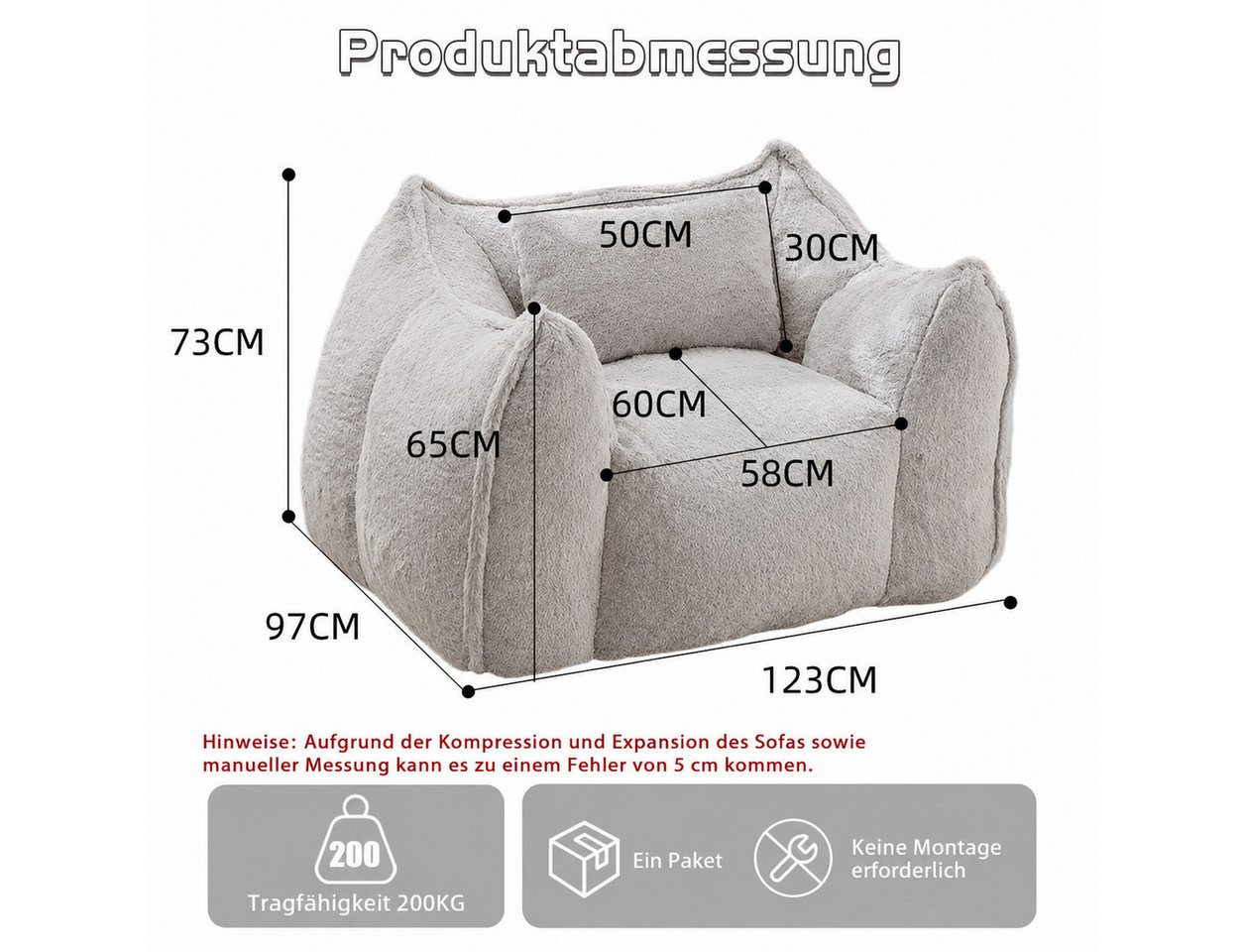 Vankel Relaxliege Sofas Wohnzimmer Loungesessel aus Kunstfell weich & bequem, Bean Bag Sessel mit Schaumstofffüllung und ohne Montage – Bild 2 von 5