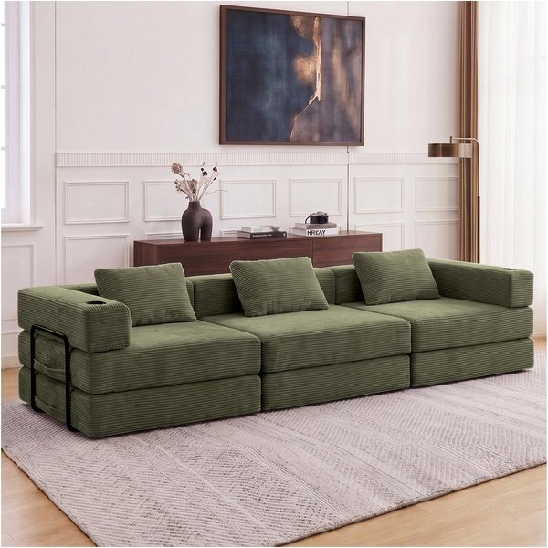 Vankel Schlafsofa 3-Sitzer Sofa mit Schlaffunktion aus Cord, modular, 294 cm, Schlafsofa mit Federkern und Kissen, ohne Montage