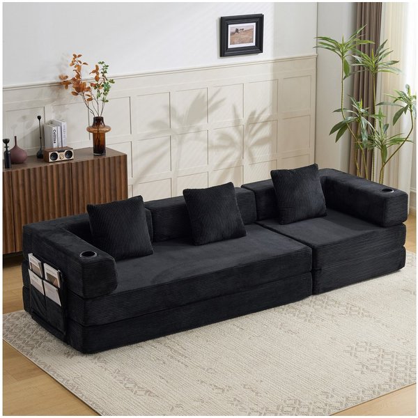 Vankel Sofa Sofas Wohnzimmer, 3-Sitzer Schlafsofa aus Cord mit Cupholder, Faltbares Sofa mit Seitentaschen, Liegefunktion und ohne Montage