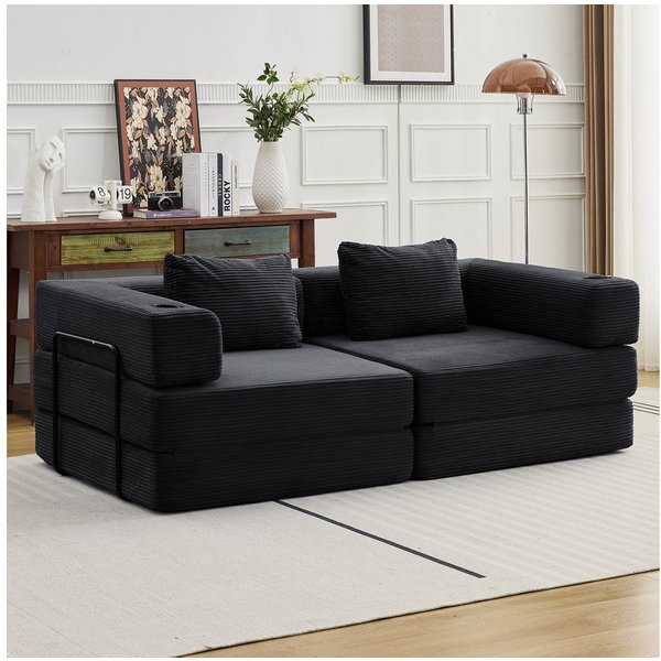 Vankel Sofa Sofas Wohnzimmer, Schlafsofa aus Cord mit Bettfunktion, Faltbares Bodensofa mit Liegefunktion für kleine Räume