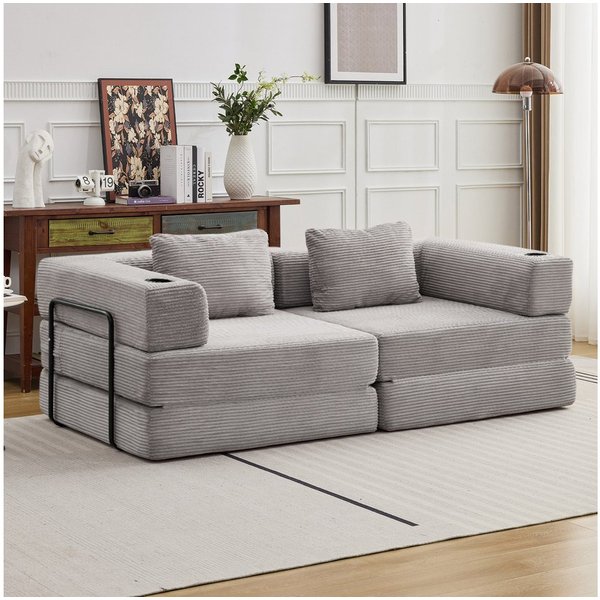 Vankel Sofa Sofas Wohnzimmer, Schlafsofa aus Cord mit Bettfunktion, Faltbares Bodensofa mit Liegefunktion für kleine Räume