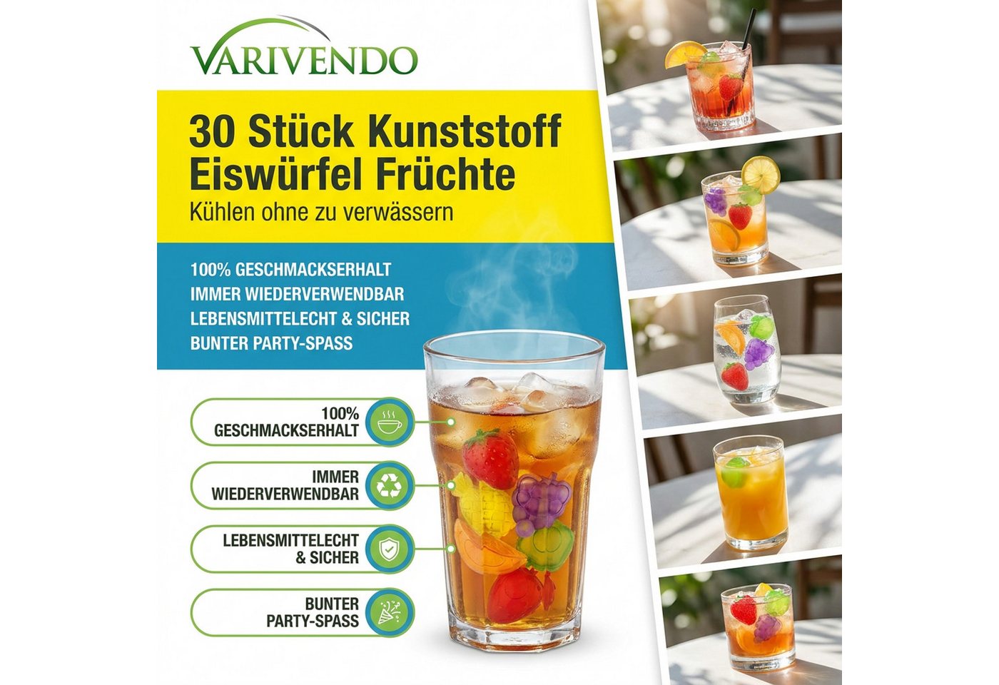 varivendo Eiswürfelform Bunte Kunststoff Eiswürfel Früchte, 30 Stück, wiederverwendbar, (Set 30-tlg), Eiswürfel Kühlsteine Partywürfel Kunststoffeiswürfel – Bild 3 von 5