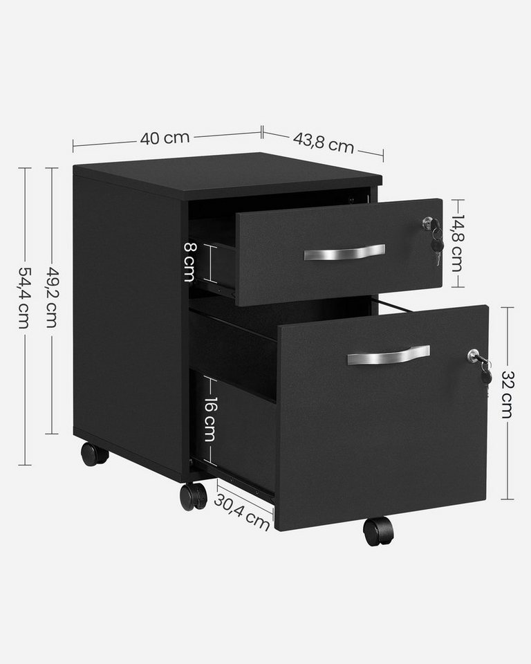 VASAGLE Aktenschrank Rollcontainer, abschließbar, mit 2 Schubladen, 5 Rollen verstellbare Hängestangen, für Hängeregistratur im A4/Letter-Format – Bild 5 von 5