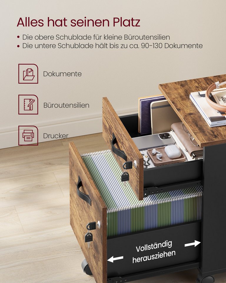 VASAGLE Aktenschrank Rollcontainer, abschließbar, mit 2 Schubladen, 5 Rollen verstellbare Hängestangen, für Hängeregistratur im A4/Letter-Format – Bild 4 von 5