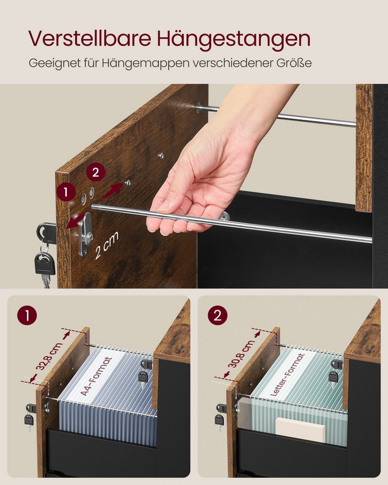VASAGLE Aktenschrank Rollcontainer, abschließbar, mit 2 Schubladen, 5 Rollen verstellbare Hängestangen, für Hängeregistratur im A4/Letter-Format – Bild 5 von 5