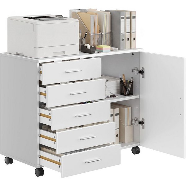 VASAGLE Aktenschrank Rollcontainer, Schubladenschrank mit Tür, für Büro, Homeoffice Druckerständer mit 5 Schubladen, mit schraubenlosen Gleitschienen
