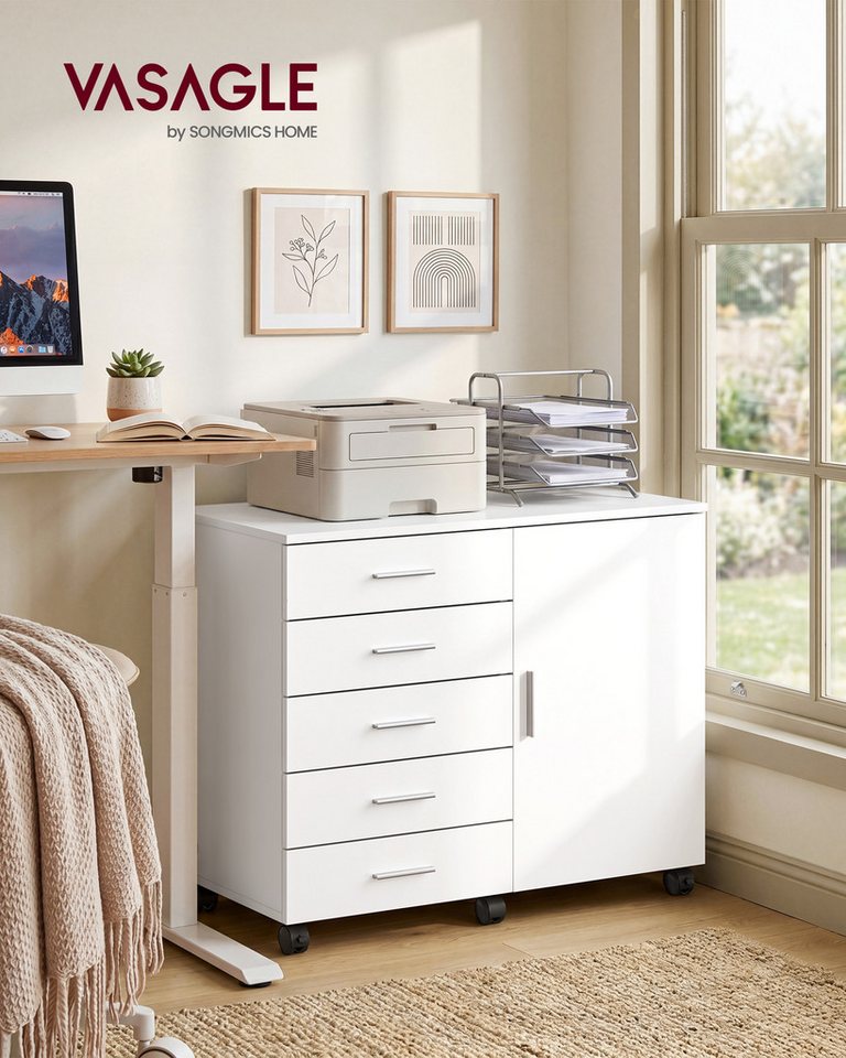 VASAGLE Aktenschrank Rollcontainer, Schubladenschrank mit Tür, für Büro, Homeoffice Druckerständer mit 5 Schubladen, mit schraubenlosen Gleitschienen – Bild 2 von 5
