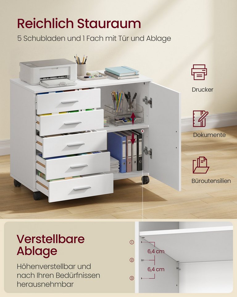 VASAGLE Aktenschrank Rollcontainer, Schubladenschrank mit Tür, für Büro, Homeoffice Druckerständer mit 5 Schubladen, mit schraubenlosen Gleitschienen – Bild 4 von 5