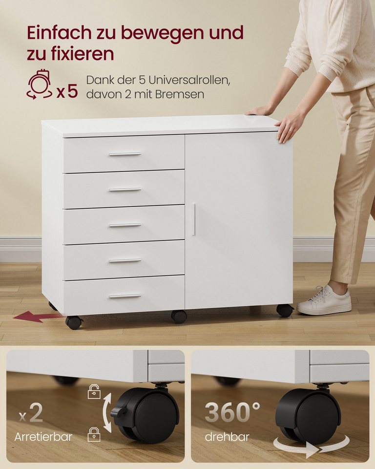 VASAGLE Aktenschrank Rollcontainer, Schubladenschrank mit Tür, für Büro, Homeoffice Druckerständer mit 5 Schubladen, mit schraubenlosen Gleitschienen – Bild 5 von 5