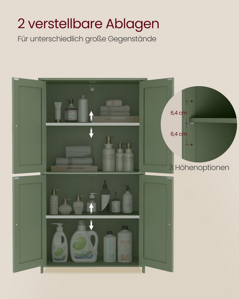 VASAGLE Badkommode Badezimmerschrank, Schrank für Badezimmer, Hochschrank, für Küche, Badschrank im Shaker-Stil, mit 2 verstellbaren Ablagen, 4 Türen – Bild 4 von 5