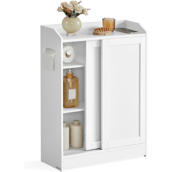VASAGLE Badkommode Badezimmerschrank, Toilettenrollenhalter, Badschrank platzsparend, 60 x 20 x 80 cm, Schiebetüren, verstellbare Einlegeböden