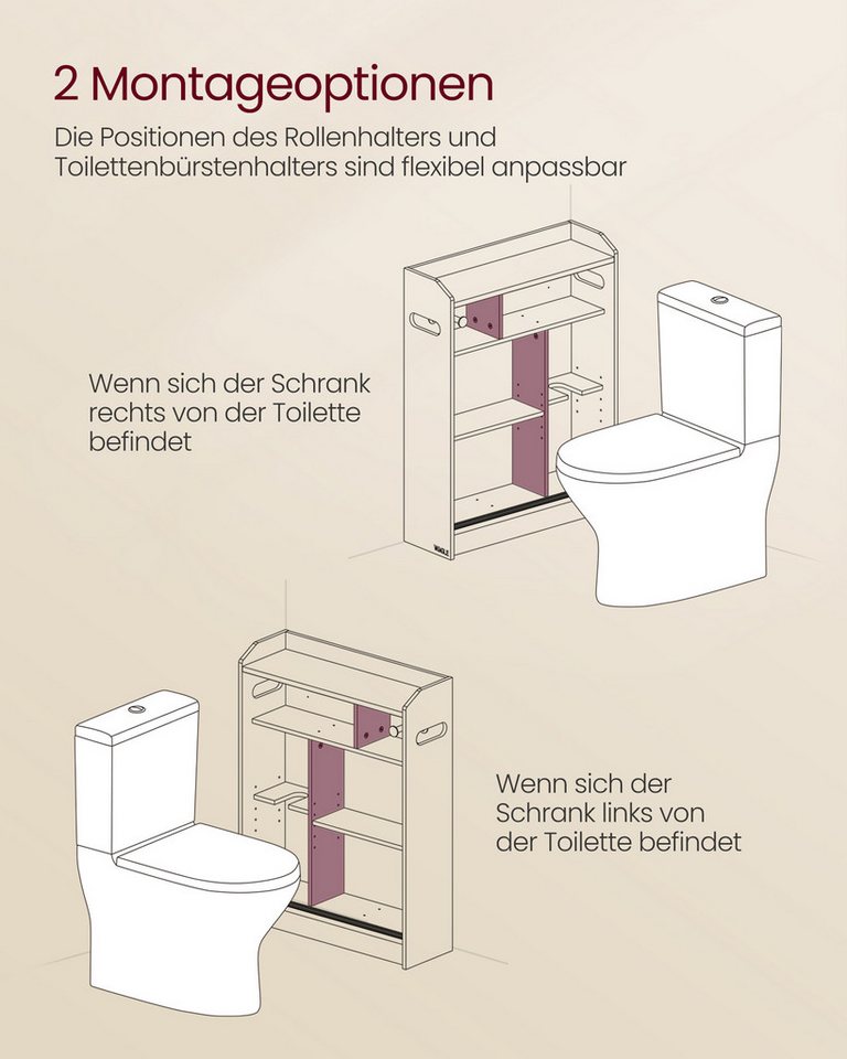 VASAGLE Badkommode Badezimmerschrank, Toilettenrollenhalter, Badschrank platzsparend, 60 x 20 x 80 cm, Schiebetüren, verstellbare Einlegeböden – Bild 4 von 5