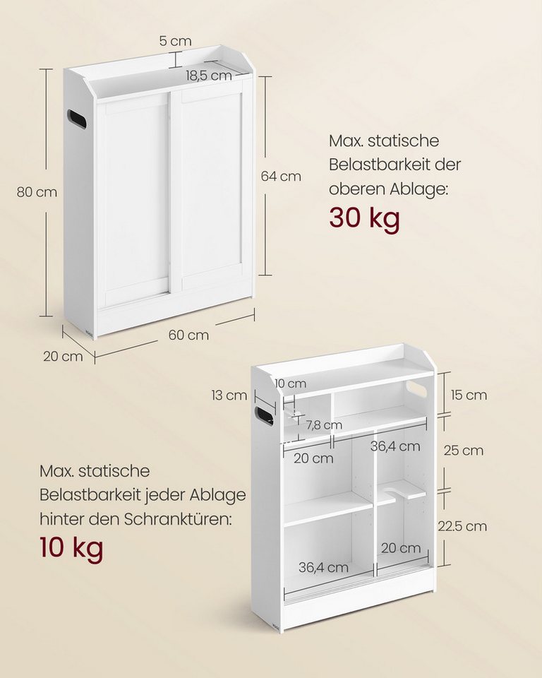 VASAGLE Badkommode Badezimmerschrank, Toilettenrollenhalter, Badschrank platzsparend, 60 x 20 x 80 cm, Schiebetüren, verstellbare Einlegeböden – Bild 5 von 5