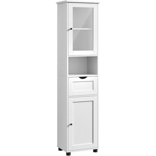 VASAGLE Badkommode Badezimmerschrank Badschrank höhenverstellbare Ablagen, Glastür, schmal, mit Füßen, platzsparend, Hochschrank, offenes Fach