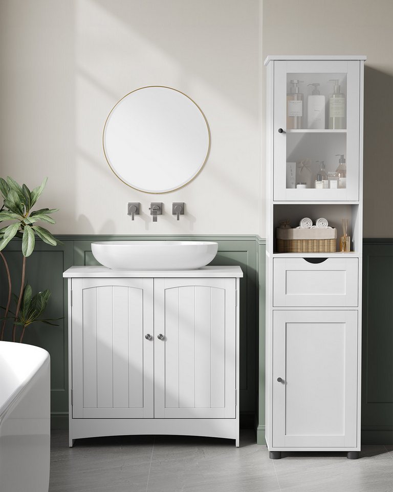 VASAGLE Badkommode Badezimmerschrank Badschrank höhenverstellbare Ablagen, Glastür, schmal, mit Füßen, platzsparend, Hochschrank, offenes Fach – Bild 2 von 5