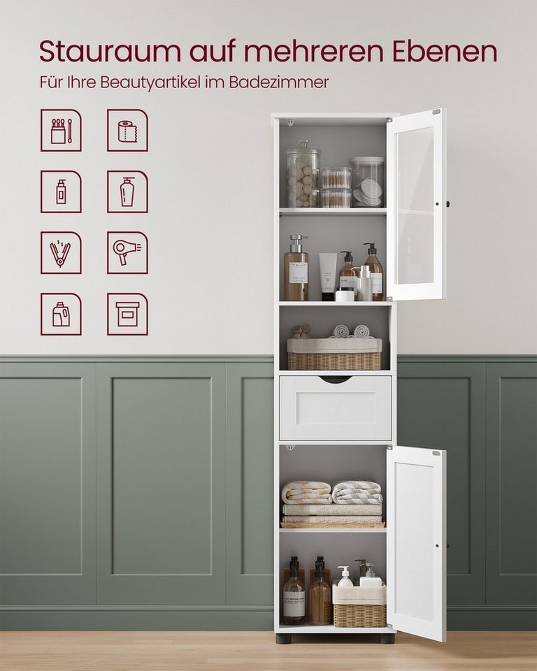 VASAGLE Badkommode Badezimmerschrank Badschrank höhenverstellbare Ablagen, Glastür, schmal, mit Füßen, platzsparend, Hochschrank, offenes Fach – Bild 3 von 5
