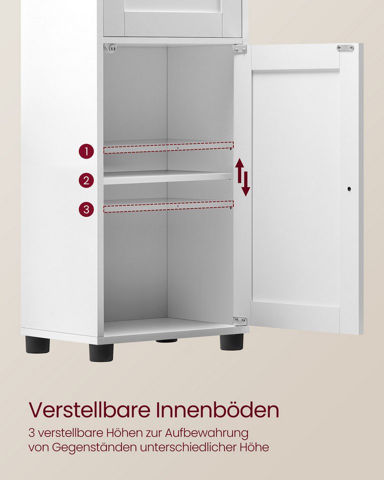 VASAGLE Badkommode Badezimmerschrank Badschrank höhenverstellbare Ablagen, Glastür, schmal, mit Füßen, platzsparend, Hochschrank, offenes Fach – Bild 4 von 5
