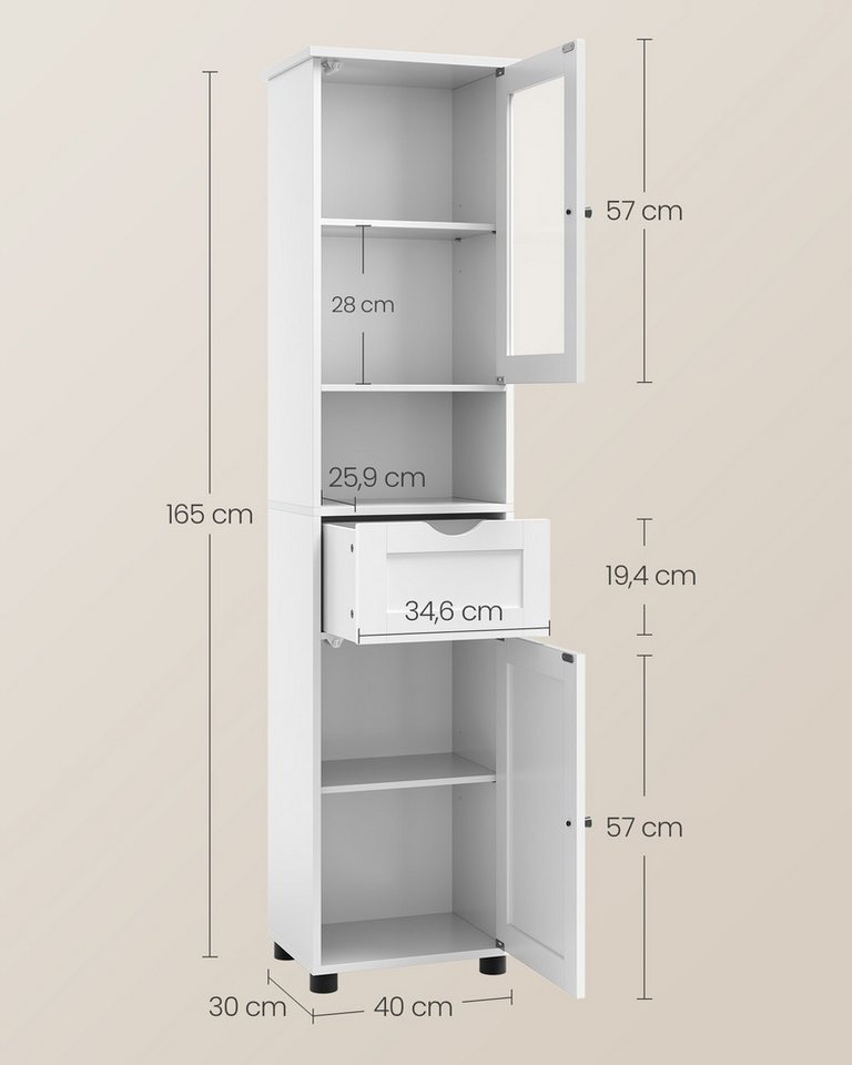 VASAGLE Badkommode Badezimmerschrank Badschrank höhenverstellbare Ablagen, Glastür, schmal, mit Füßen, platzsparend, Hochschrank, offenes Fach – Bild 5 von 5