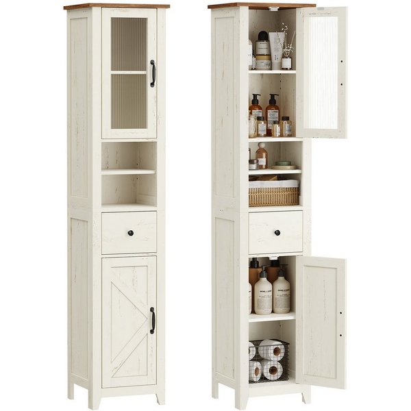 VASAGLE Badkommode Badezimmerschrank Badschrank, 31,5 x 33 x 171 cm, im Landhausstil, schmal, offene Fächer, mit Türen