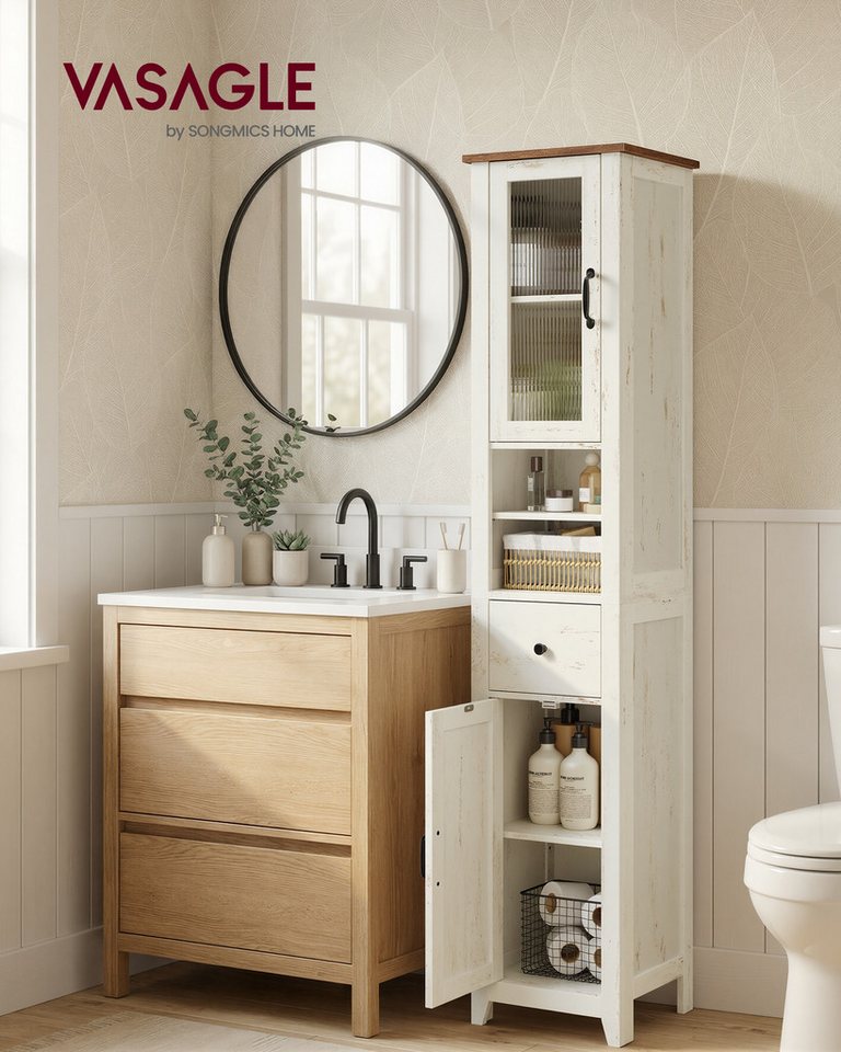 VASAGLE Badkommode Badezimmerschrank Badschrank, 31,5 x 33 x 171 cm, im Landhausstil, schmal, offene Fächer, mit Türen – Bild 2 von 5