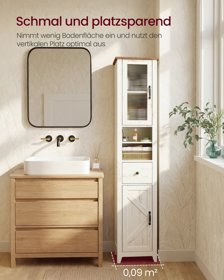 VASAGLE Badkommode Badezimmerschrank Badschrank, 31,5 x 33 x 171 cm, im Landhausstil, schmal, offene Fächer, mit Türen – Bild 3 von 5