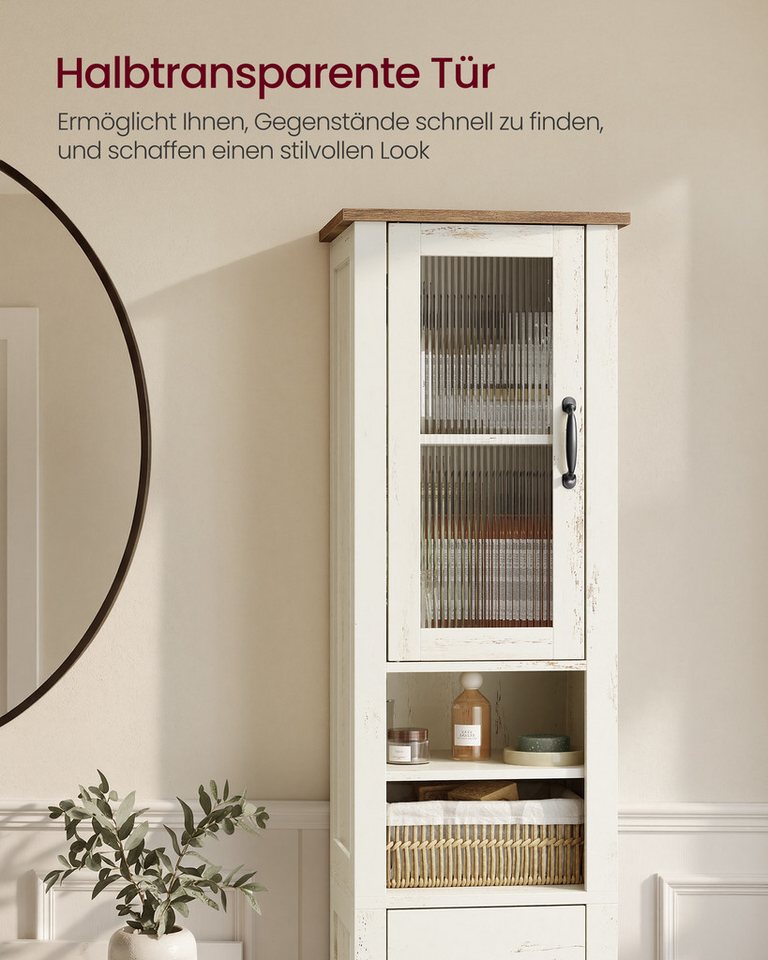 VASAGLE Badkommode Badezimmerschrank Badschrank, 31,5 x 33 x 171 cm, im Landhausstil, schmal, offene Fächer, mit Türen – Bild 5 von 5