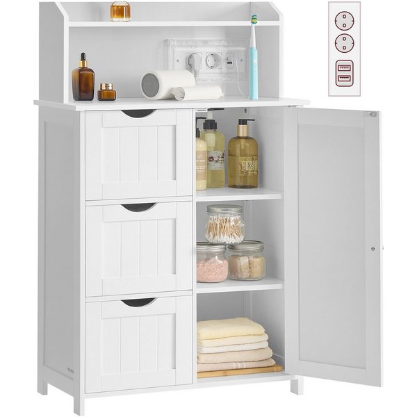 VASAGLE Badkommode Badezimmerschrank, Badschrank, stehend, verstellbare Ablagen, mit Tür, Steckdosenleiste, Schrank für Toilettenpapier, 30x60x100 cm