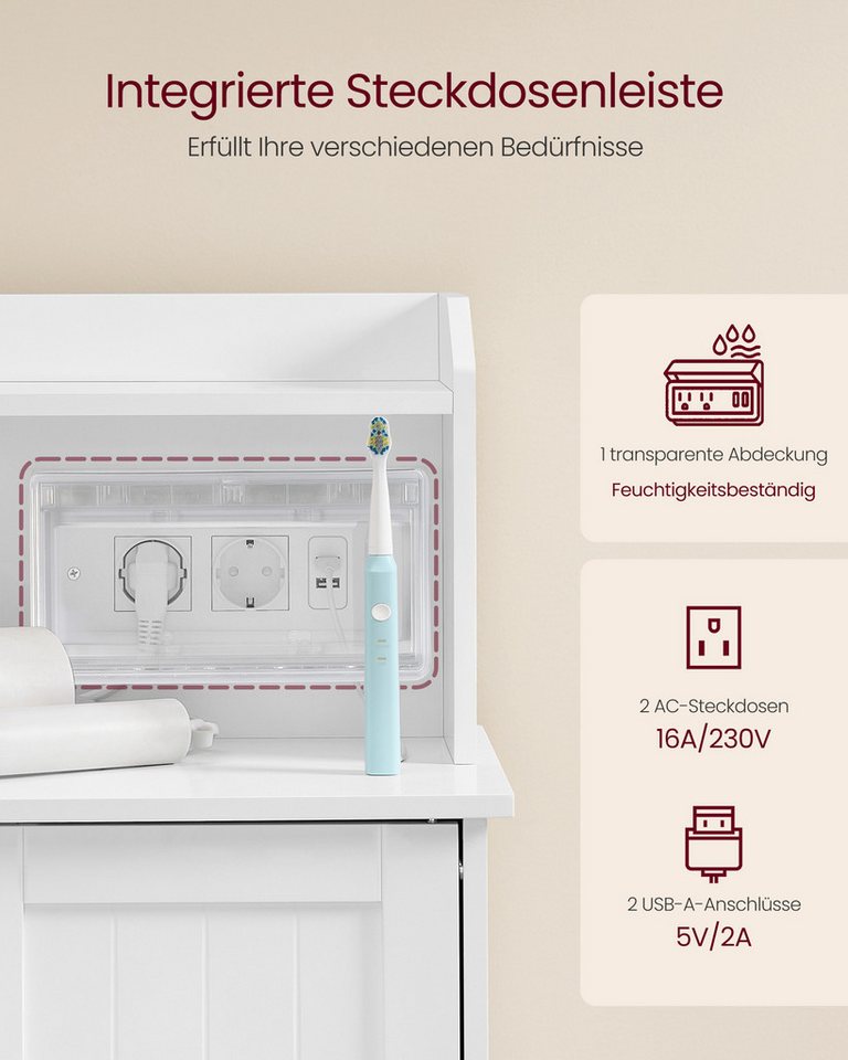 VASAGLE Badkommode Badezimmerschrank, Badschrank, stehend, verstellbare Ablagen, mit Tür, Steckdosenleiste, Schrank für Toilettenpapier, 30x60x100 cm – Bild 3 von 5