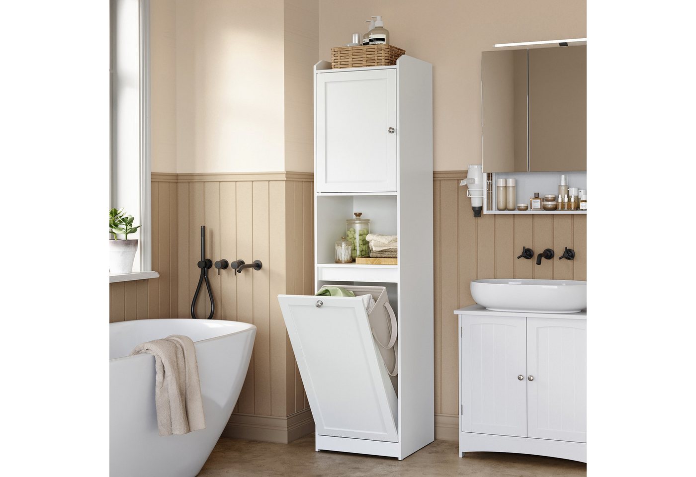 VASAGLE Badkommode Badezimmerschrank mit Wäschekorb, hoher Badschrank, 40 x 40 x 170 cm, herausnehmbarer Wäschesack mit Griffen, mit Tür, verstellbare Ablage – Bild 2 von 5