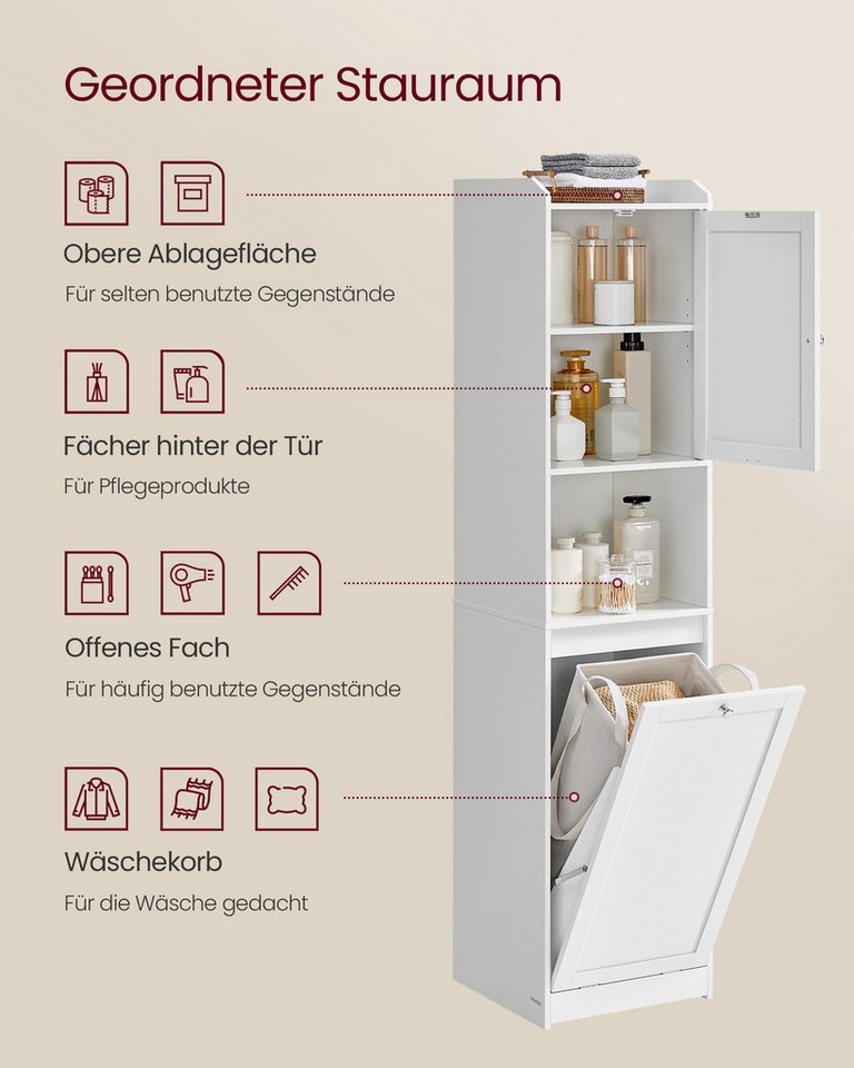 VASAGLE Badkommode Badezimmerschrank mit Wäschekorb, hoher Badschrank, 40 x 40 x 170 cm, herausnehmbarer Wäschesack mit Griffen, mit Tür, verstellbare Ablage – Bild 3 von 5