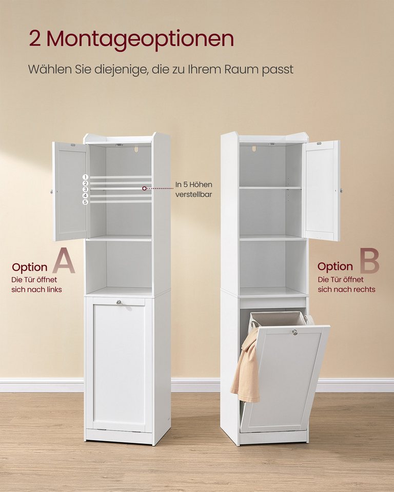 VASAGLE Badkommode Badezimmerschrank mit Wäschekorb, hoher Badschrank, 40 x 40 x 170 cm, herausnehmbarer Wäschesack mit Griffen, mit Tür, verstellbare Ablage – Bild 5 von 5