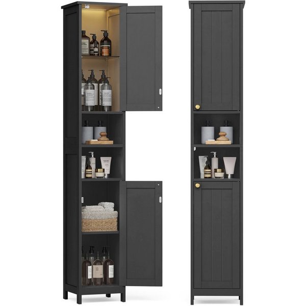VASAGLE Badkommode Badezimmerschrank schlanker Badschrank mit Beleuchtung, 30 cm breit, mit verstellbaren Ablagen, modern, hoch, für kleine Räume