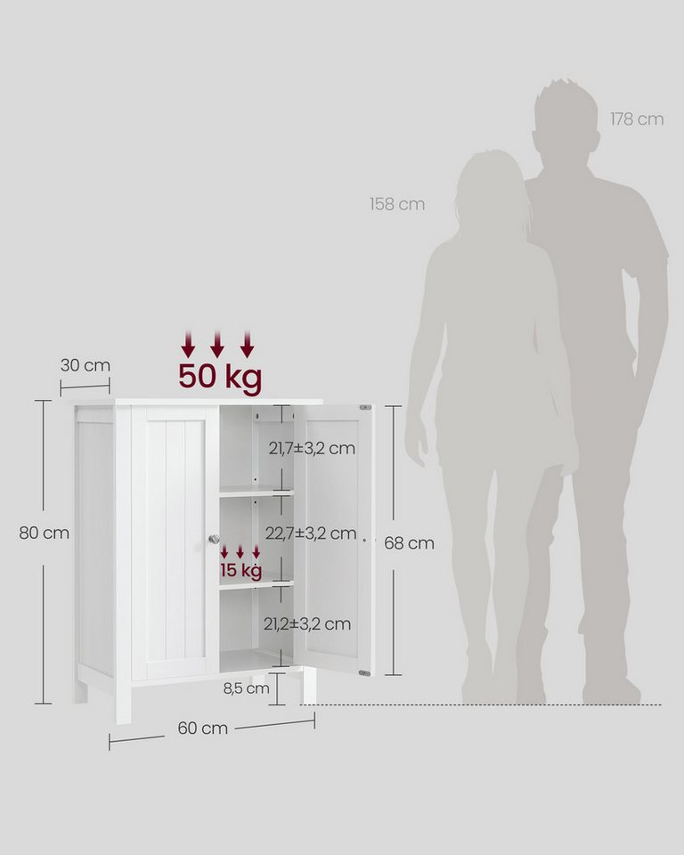VASAGLE Badkommode Badezimmerschrank, Freistehender Badschrank, Aufbewahrungsschrank, mit 2 Türen, mit 2 verstellbaren Regalebenen, 30 x 60 x 80 cm – Bild 3 von 5