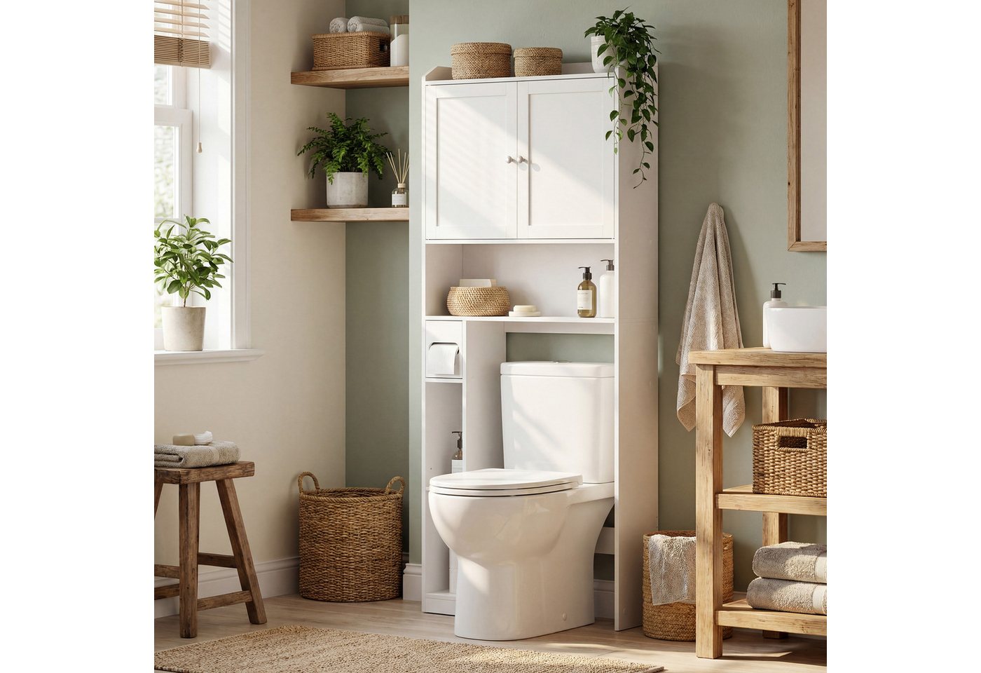 VASAGLE Badregal Toilettenregal, geeignet für die meisten Toiletten, 25 x 83 x 170 cm, Badezimmerregal, verstellbare Ablagen, platzsparend, wolkenweiß – Bild 2 von 5