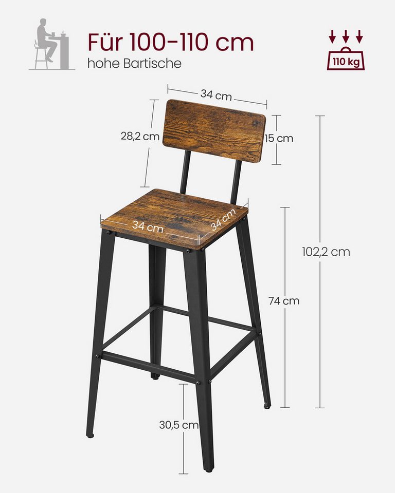 VASAGLE Barhocker 2er Set, Küchenstühle, mit Rückenlehne, 45,4 x 45,4 x 102,2 cm (2 St), Barstühle, Stahlgestell, Industrie-Design, vintagebraun-tintenschwarz – Bild 3 von 5