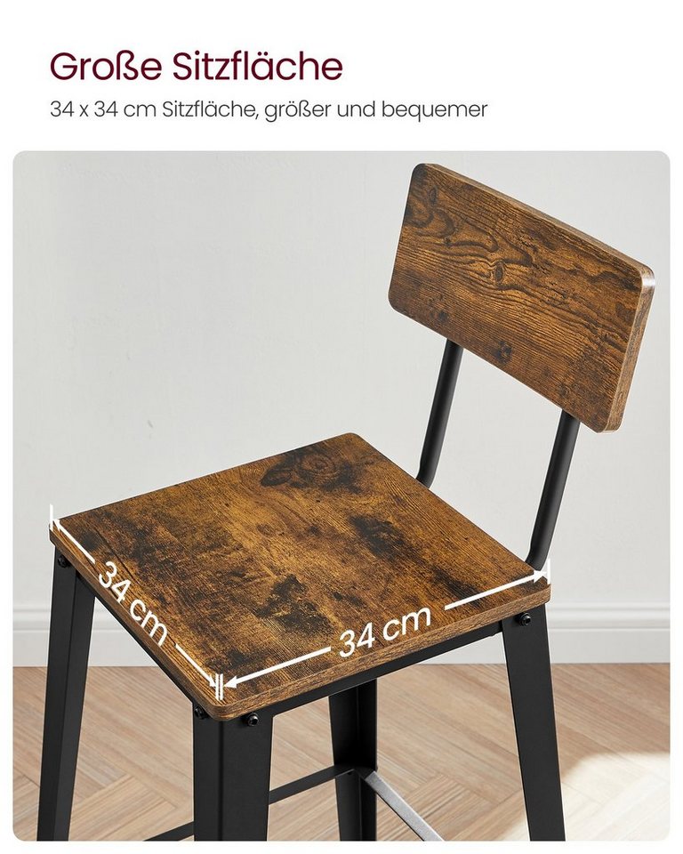 VASAGLE Barhocker 2er Set, Küchenstühle, mit Rückenlehne, 45,4 x 45,4 x 102,2 cm (2 St), Barstühle, Stahlgestell, Industrie-Design, vintagebraun-tintenschwarz – Bild 5 von 5
